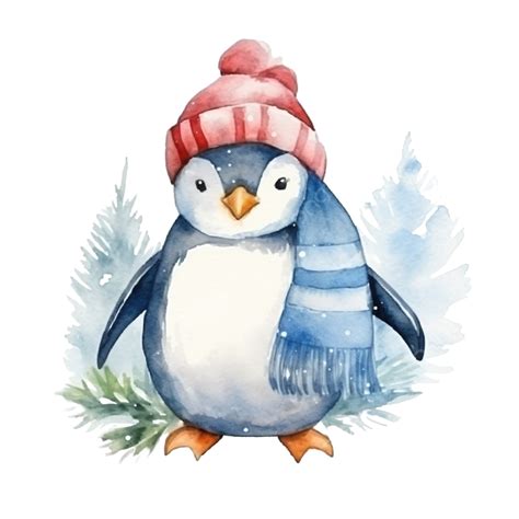 Cute Christmas Penguin With Hat And Scarf In Watercolor Christmas Penguin Christmas Watercolor