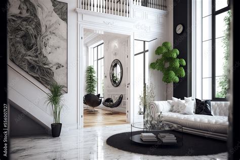 Modern and traditional two story house interior with white walls, green ...