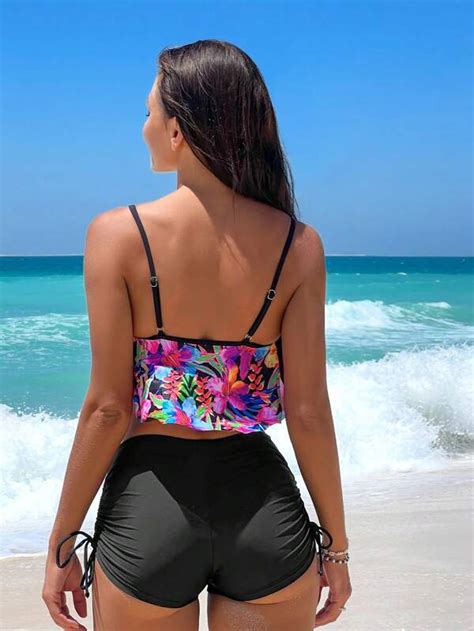 Tropical Print Hanky Hem Drawstring Side Bikini Swimsuit SHEIN USA