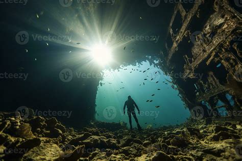 Free Diver Exploring A Shipwreck Ai Generative Stock Photo At