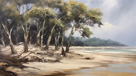 Premium AI Image | Australian Tonalism Beach Landscape With Trees In May