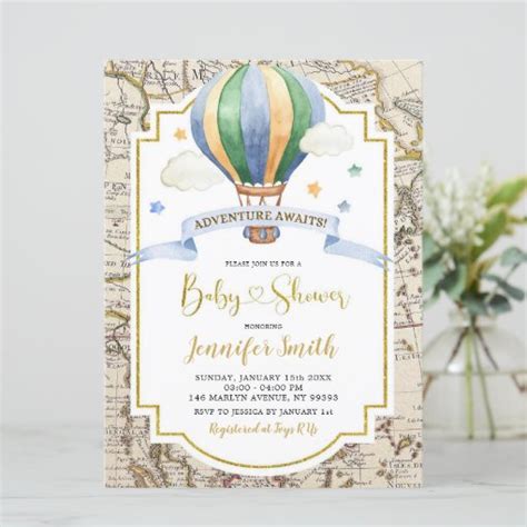 Vintage Map Hot Air Balloon Adventure Baby Shower Invitation Zazzle
