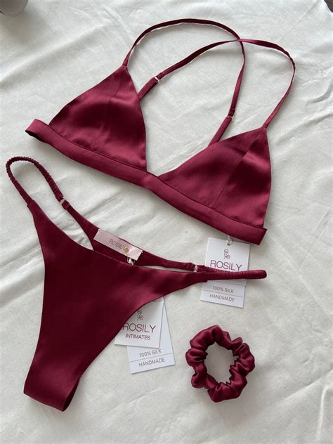 Burgundy Silk Lingerie Set 100 Silk Bra Thong Silk Satin Etsy