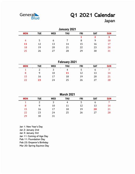 2021 Q1 Calendar With Holidays List For Japan