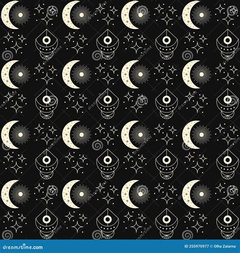 Vector Esoterical And Lunar Linear Seamless Pattern On Black Isolated