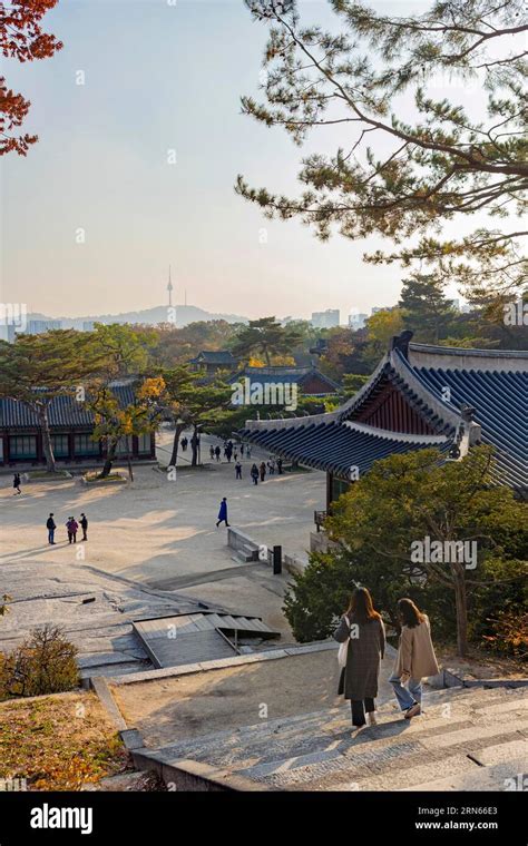 Changgyeonggung Palace grounds, N Seoul Tower in the background, autumn ...