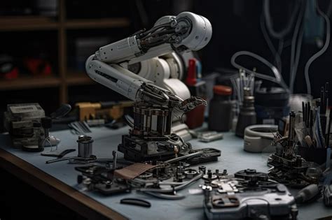 Premium Ai Image Closeup Of Robot Arm With Tools And Parts Laid Out