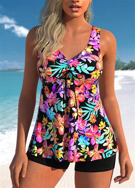 Rotita Drawstring Multi Color Floral Print Tankini Top Rotita