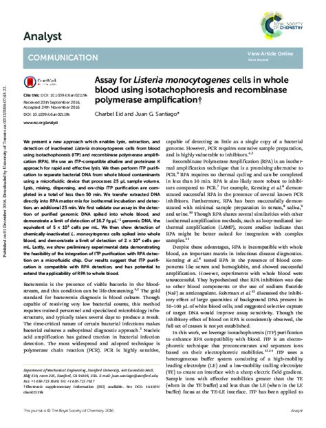 Pdf Assay For Listeria Monocytogenes Cells In Whole Blood Using