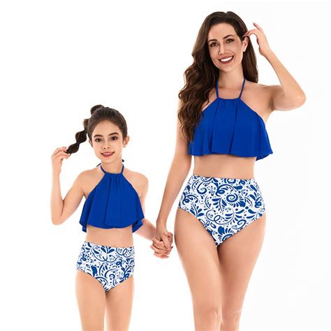 Bullpiano Mommy And Me Swimsuits Flounce Bikini Top High Waist Bottom