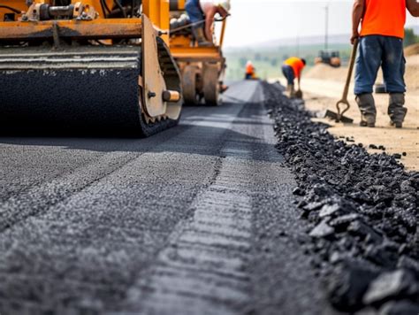 Trabajadores de la construcción de carreteras y máquinas de