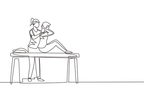 Single One Line Drawing Woman Sitting On Massage Table Masseur Doing Healing Treatment Massaging