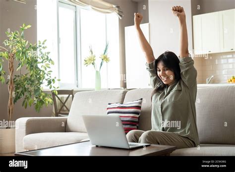 Excited Woman Computer Home Hi Res Stock Photography And Images Alamy