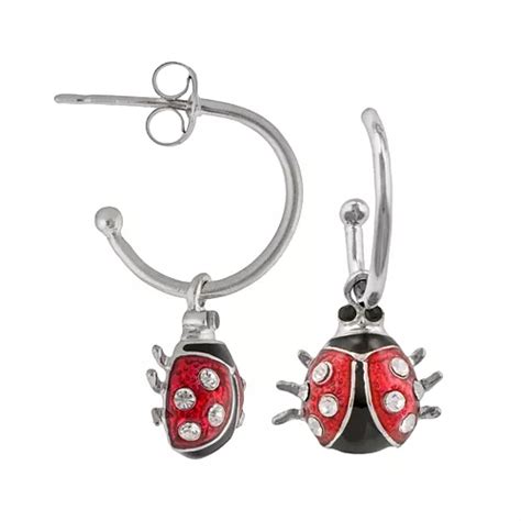 Silver Plated Crystal Ladybug Hoop Drop Earrings