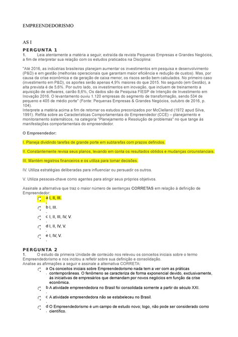 Empreendedorismo avaliação EMPREENDEDORISMO AS I P E R G U N TA 1