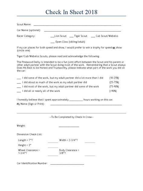 Pinewood Derby Check In Sheet 2018