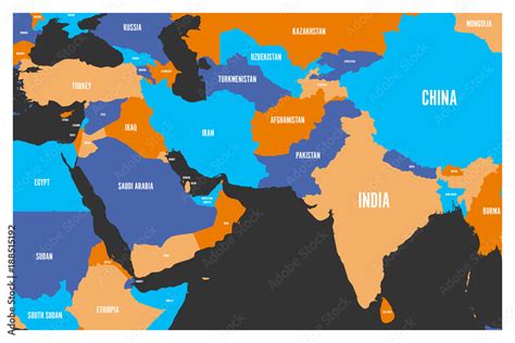 Political map of South Asia and Middle East countries. Simple flat ...