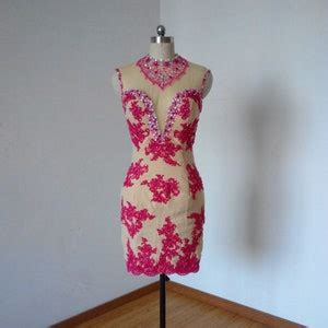 Beaded Deep V Neck Fuchsia Red Lace Appliques Nude Lining Short Sheath Homecoming Dress Prom
