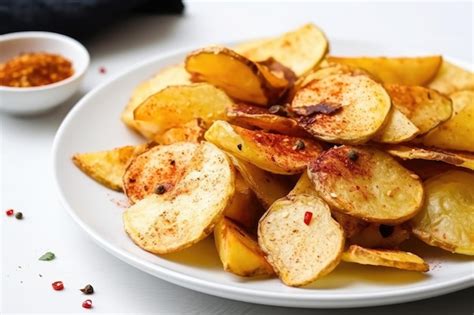 Premium AI Image Plate Of Crispy Salty Potatoes Chips With Spicy