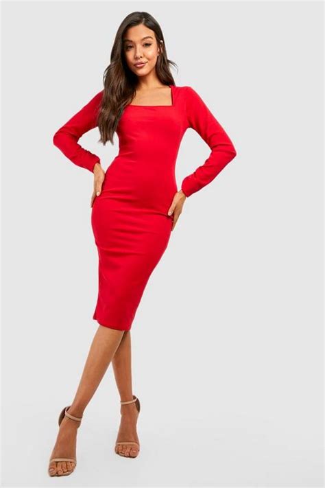 Square Neck Ruched Sleeve Fitted Midi Dress Boohoo Uk