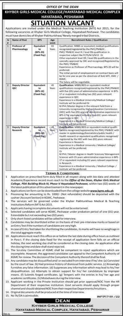 Latest Khyber Girls Medical College Jobs In Peshawar January 2023