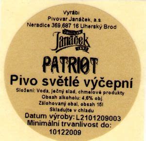 Etiqueta de bebida Ex13I Janáček Patriot světlý ležák Pivovar Uherský