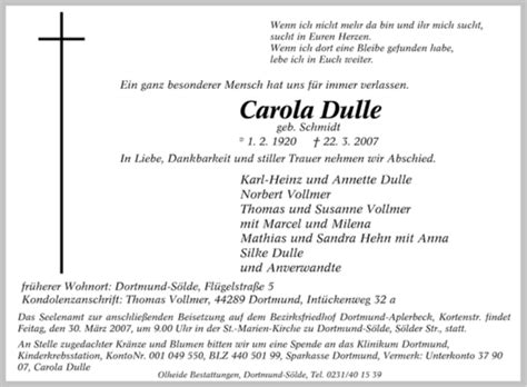 Traueranzeigen Von Carola Dulle Trauer In Nrw De