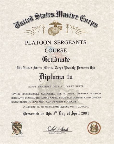 Platoon Sergeants Course certificate USMC