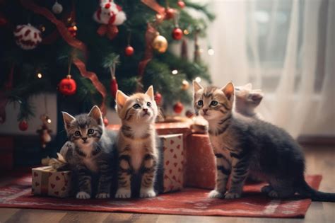 Premium Ai Image A Group Of Kittens Sitting Next To A Christmas Tree