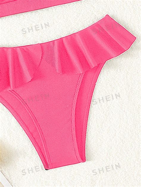 Shein Swim Womens Summer Beach Solid Ruffle Trim Sexy Bikini Set