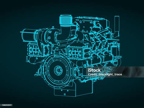 Ilustración De Plano Isométrico Del Motor Diésel Marino De Servicio