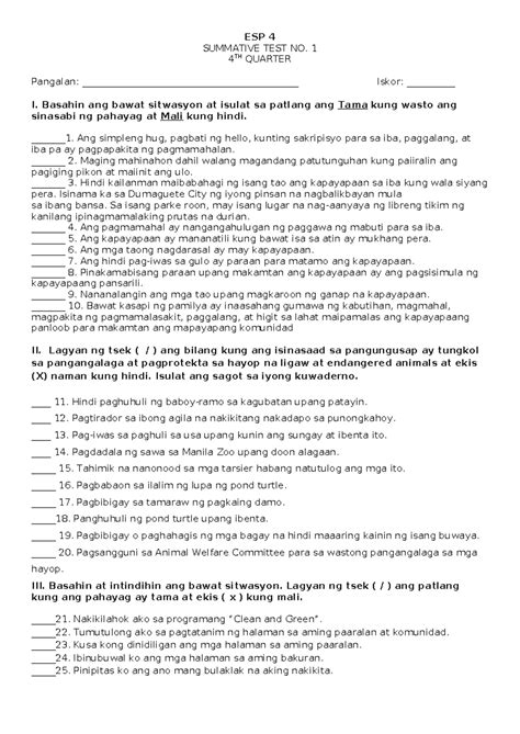 ESP4 ST1 Q4 Edukasyon Sa Pagpapakatao 4 Summative Test ESP 4