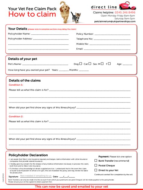 Direct Line Your Vet Fee Claim Pack Fill And Sign Printable Template