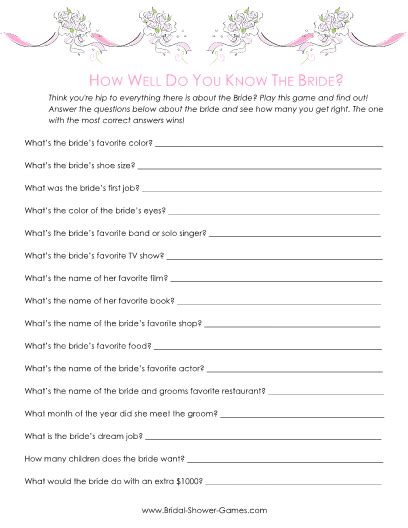 Printable Do You Know The Bride Game Bridal Shower