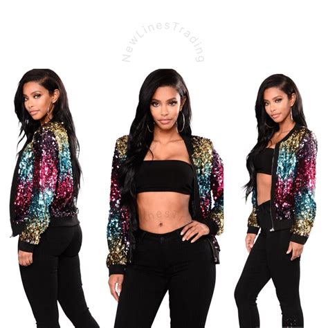 Women Sequin Glitter Bomber Jacket Ladies Biker Festival Clubbing Party Club Top Ebay