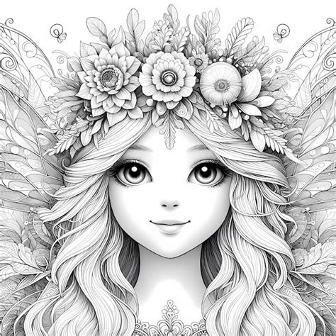 Premium Photo Whimsical Fantasy Garden Fairy Coloring Page In White Ink