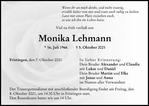 Traueranzeigen Von Monika Lehmann Augsburger Allgemeine Zeitung