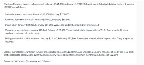 Solved Sheridan Company Expects To Have A Cash Balance Of Chegg