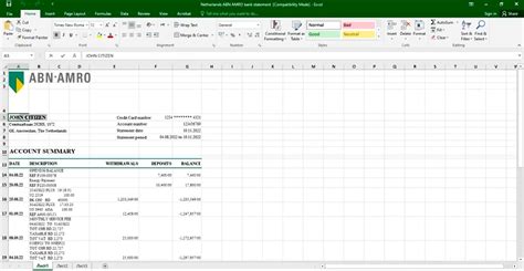 NETHERLANDS ABN AMRO BANK STATEMENT EXCEL AND PDF TEMPLATE