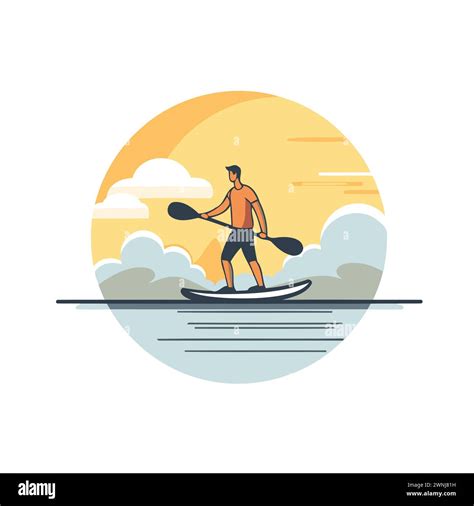 Man Paddling On Stand Up Paddle Board Flat Style Vector Illustration