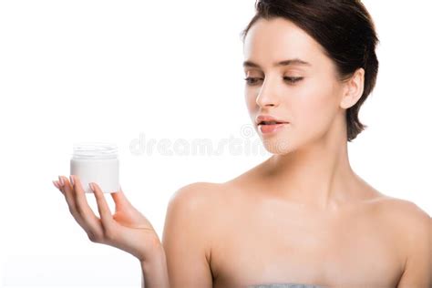 Brunette Woman Holding Container With Cosmetic Cream Isolated On White