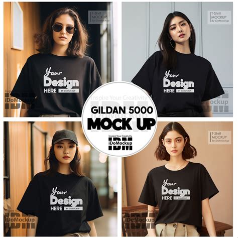 Black Gildan Mock Up Female Model Tshirt Mockup Black T Shirt