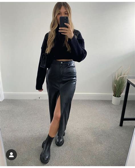 Long Black Leather Skirt Outfit Black Midi Skirt Outfit Faux Leather