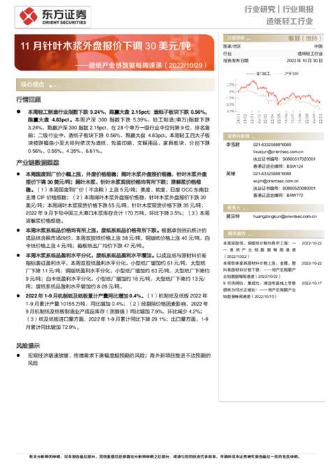 造纸产业链数据每周速递：11月针叶木浆外盘报价下调30美元吨