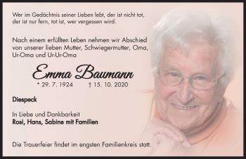 Traueranzeigen Von Emma Baumann Trauer Flz De