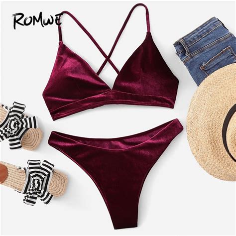 Romwe Sport Burgundy Push Up Padded Cross Back Bikini With High Cut