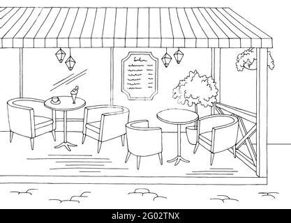 Restaurant Exterior Graphic Black White Sketch Illustration Vector