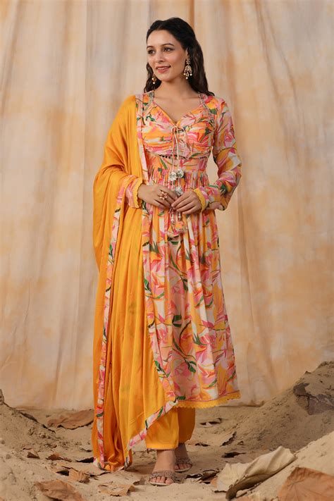 Buy Yellow Anarkali And Dupatta Chinon Printed Floral Blossom Pant Set