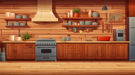 Una Cocina Con Una Estufa Y Un Estante Con Una Pared De Madera