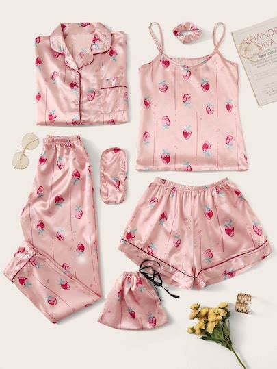 7pcs Strawberry Print Satin Pajama Set [swpajama10190827851] 43 50